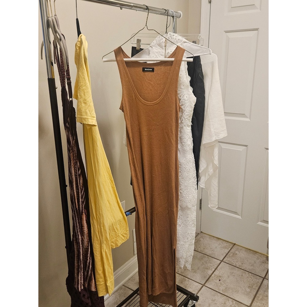 Naadam Silk Cashmere Ribbed Midi Tank Dress Brown Scoop Neck Side Slit Womens M